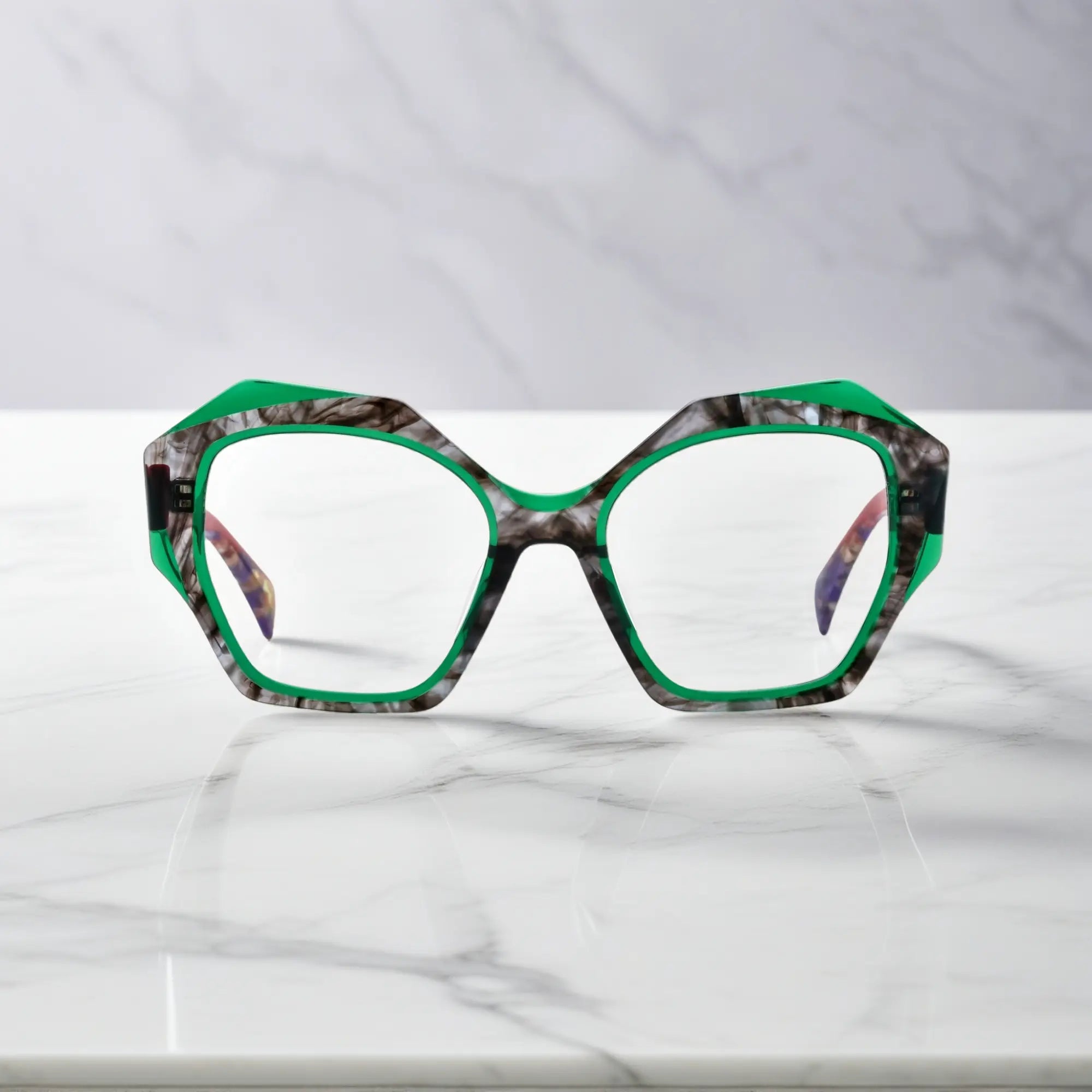 Front view of VoyueLens™ Crimson Jade eyeglasses with deep green frame and bold red arms for a statement look.